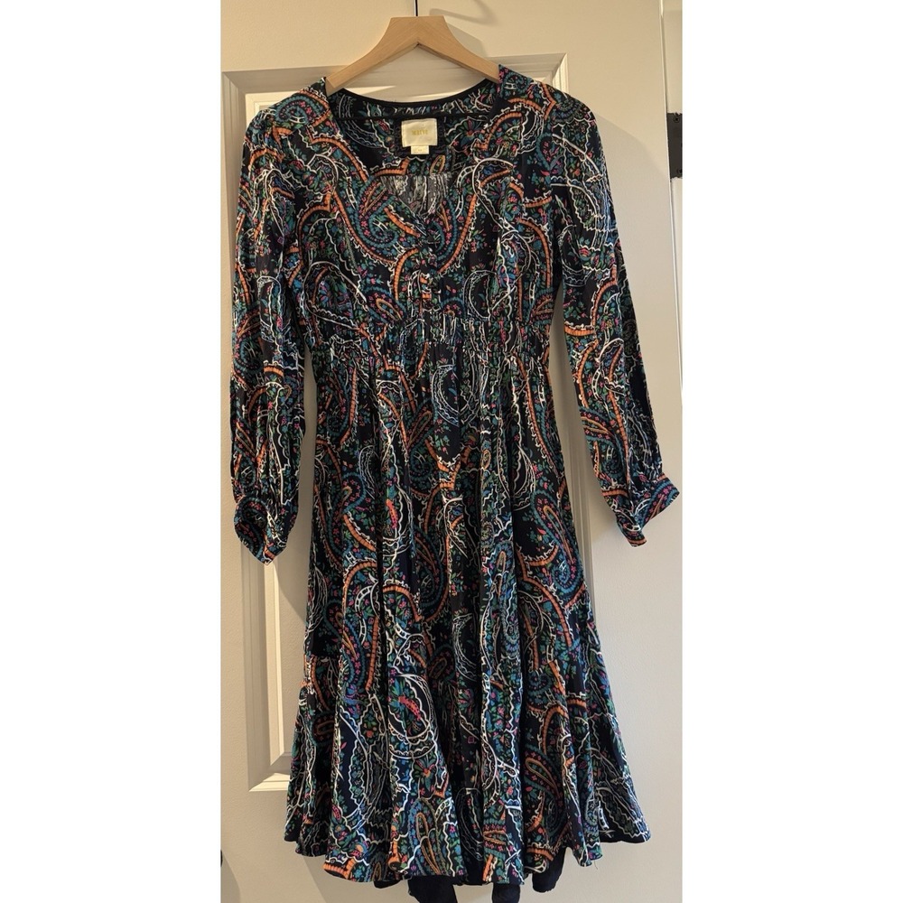 Maeve Anthropologie Paisley Dress XS Boho Peasant Fit Flare Long Sleeve Mini